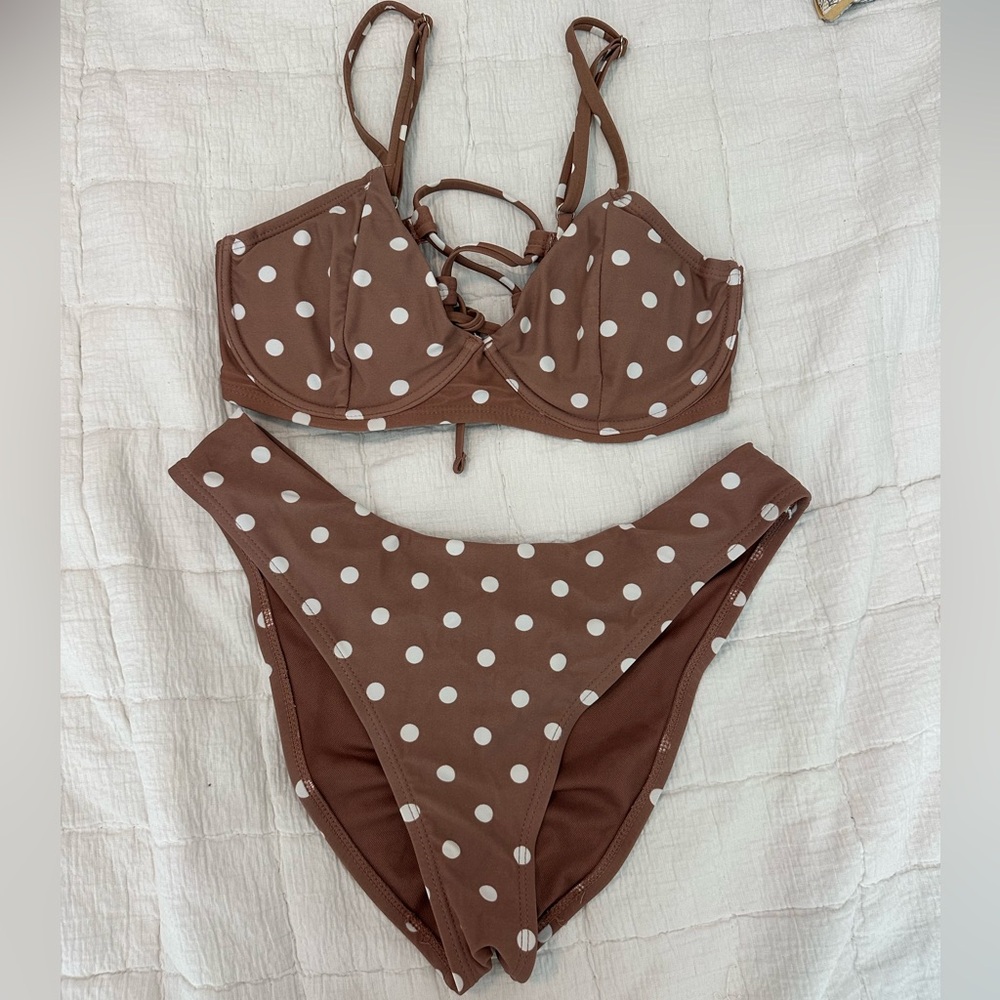 Polka Dot Two-Piece Bikini - Brown with White Dots